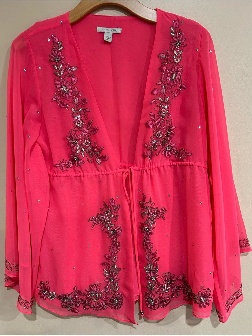 Boston Proper Hand Beaded Sheer Kimono Size Small Hot Pink Preppy Boho Fairy